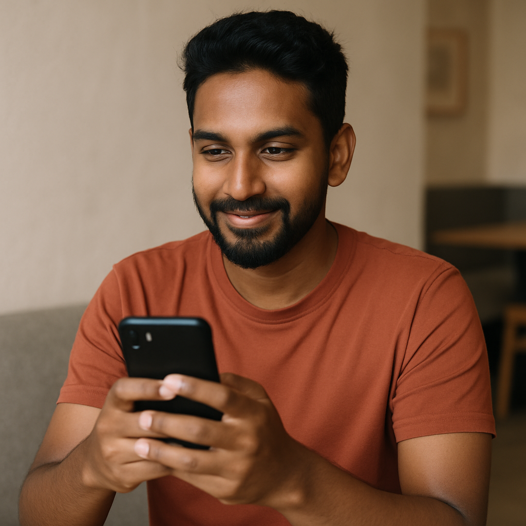 indian or malaysian the person is just holding a phone backgroung is just in a neutral location like home or at a cafe